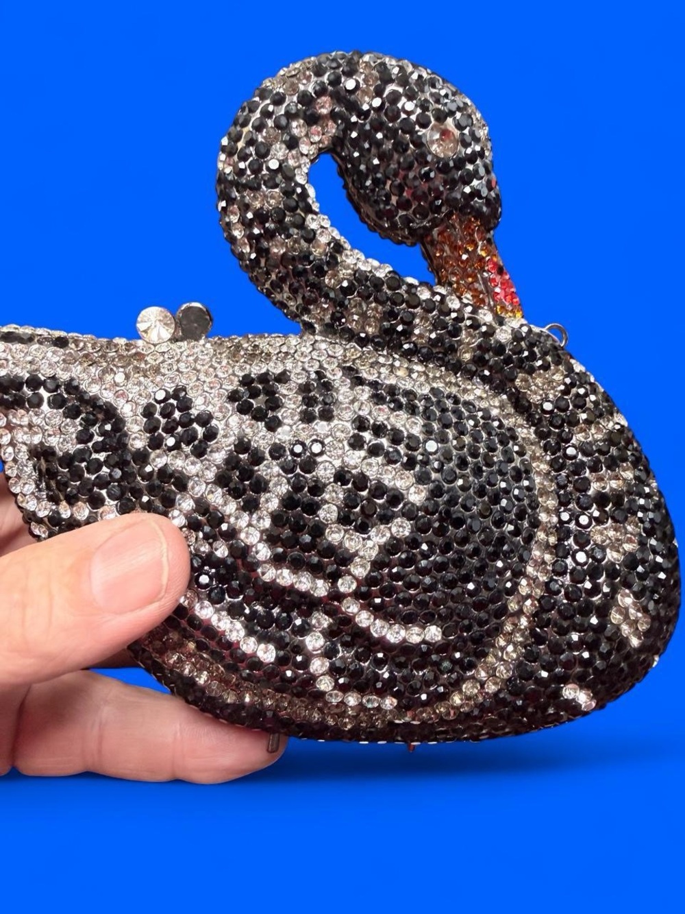 Fashion Nova Black & Silver Sequined Jeweled Crystal Swan Clutch for Glam  Party